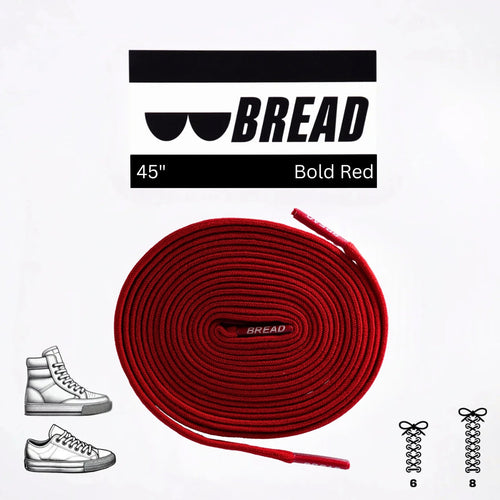 Bold red elastic shoelace by Bread, featuring a stretchy design and durable material for easy, comfortable shoe fastening.