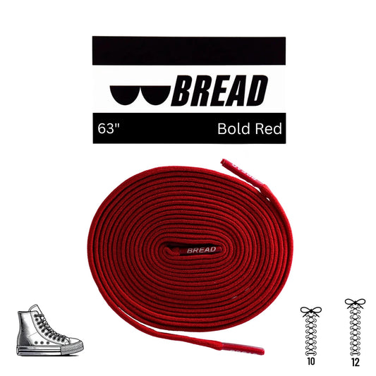 Elastic shoelace in bold red by Bread, showing close-up of the flexible, durable laces suitable for sneakers or athletic shoes.