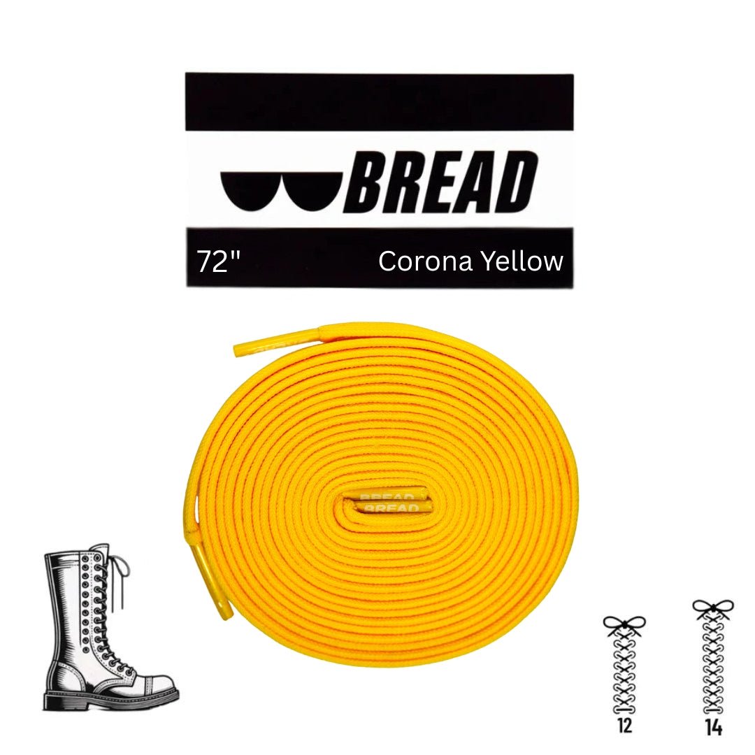 Elastic shoelace by Bread in Corona Yellow, showing vibrant yellow laces with metal aglets on a neutral background.