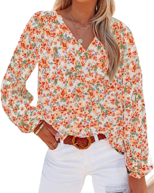 BTFBM Boho Chic Floral V-Neck Blouse - Orange Large - MANDOTOS