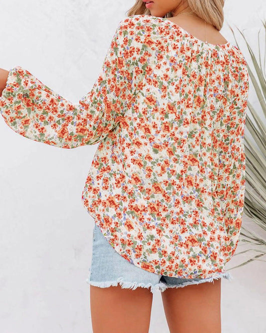 BTFBM Boho Chic Floral V-Neck Blouse - Orange Large - MANDOTOS