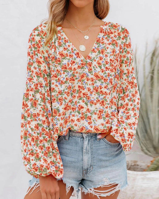 BTFBM Boho Chic Floral V-Neck Blouse - Orange Large - MANDOTOS