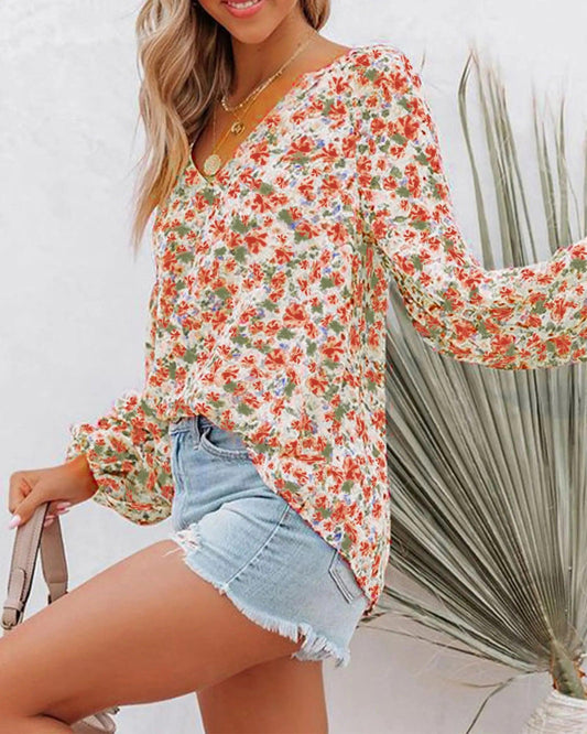 BTFBM Boho Chic Floral V-Neck Blouse - Orange Large - MANDOTOS