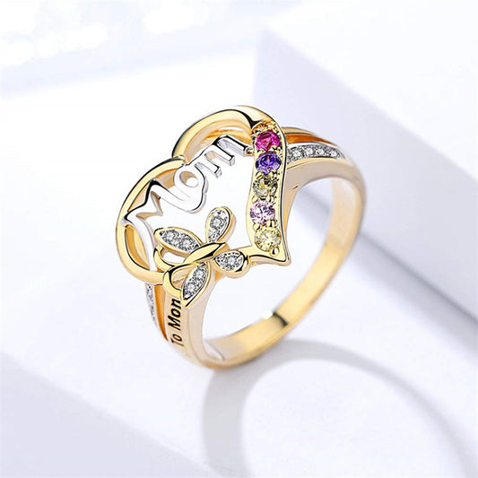 Mother's Day Gift Hollow Heart English Letter Love Mom Rhinestone Butterfly Finger Ring Jewelry Gift - MANDOTOS