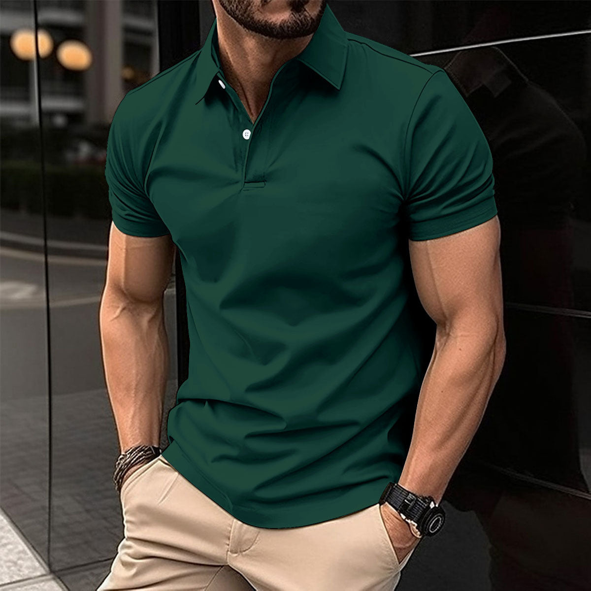 Summer Short Sleeve Polo Shirt Men Solid Color Button Lapel Button Top - MANDOTOS