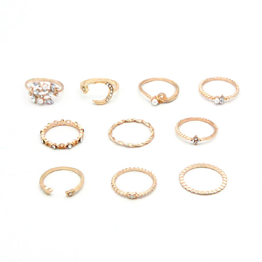Bohemian Fashion Star Moon Love Pearl Leaf 10-Piece Ring - MANDOTOS
