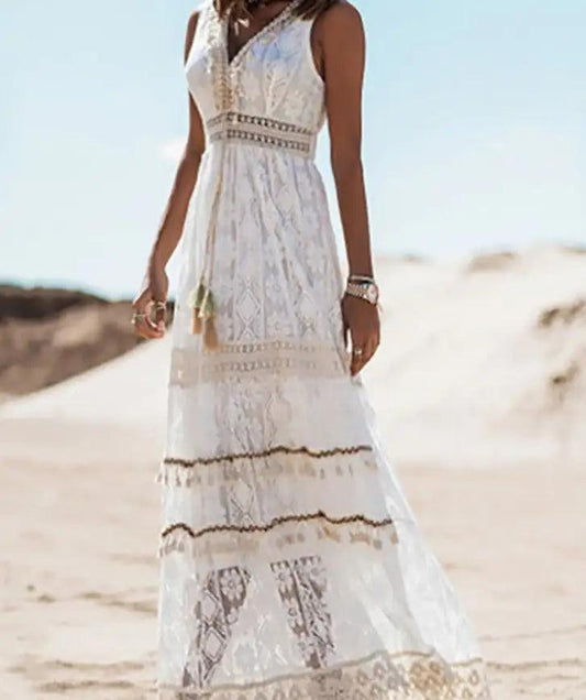 Lace-Trimmed V-Neck Maxi Dress - MANDOTOS