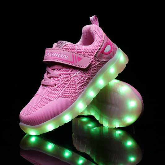 Kids LED glowing shoes in size 26-37 by Ancient Energy, featuring USB recharge and hook loop closure with glowing light effects.