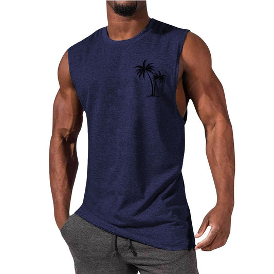 Coconut Tree Embroidery Vest Summer Beach Tank Tops Workout Muscle Men Sports Fitness T-shirt - MANDOTOS