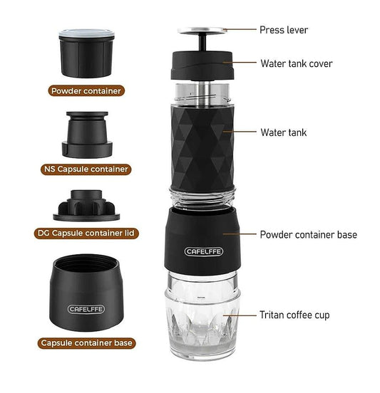 Cafelffe 3 In1 Portable Coffee Machine Hot/Cold Water Manual Espresso Maker For Capsule & Ground Hand Press Brewer hiking Travel - MANDOTOS
