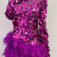 Purple Sequined Feather Skirt One-shoulder Sleeve Short Dress Luxury Party Stage Performance Dress