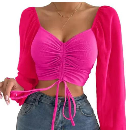 Chic V-Neck Balloon Sleeve Crop Top - MANDOTOS