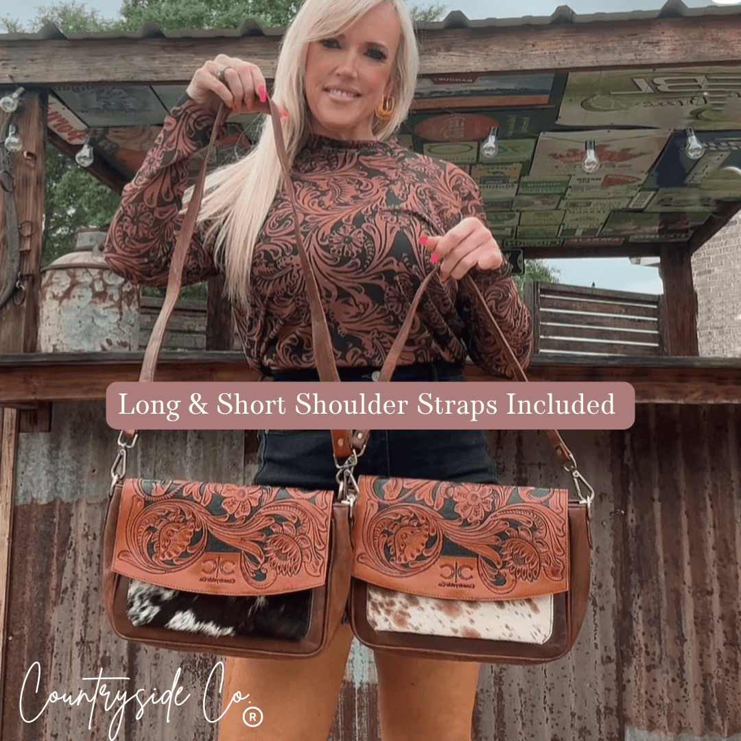 Grace Tooled Leather Purse by Countryside Co. featuring intricate tooled leather design and a classic handbag shape.