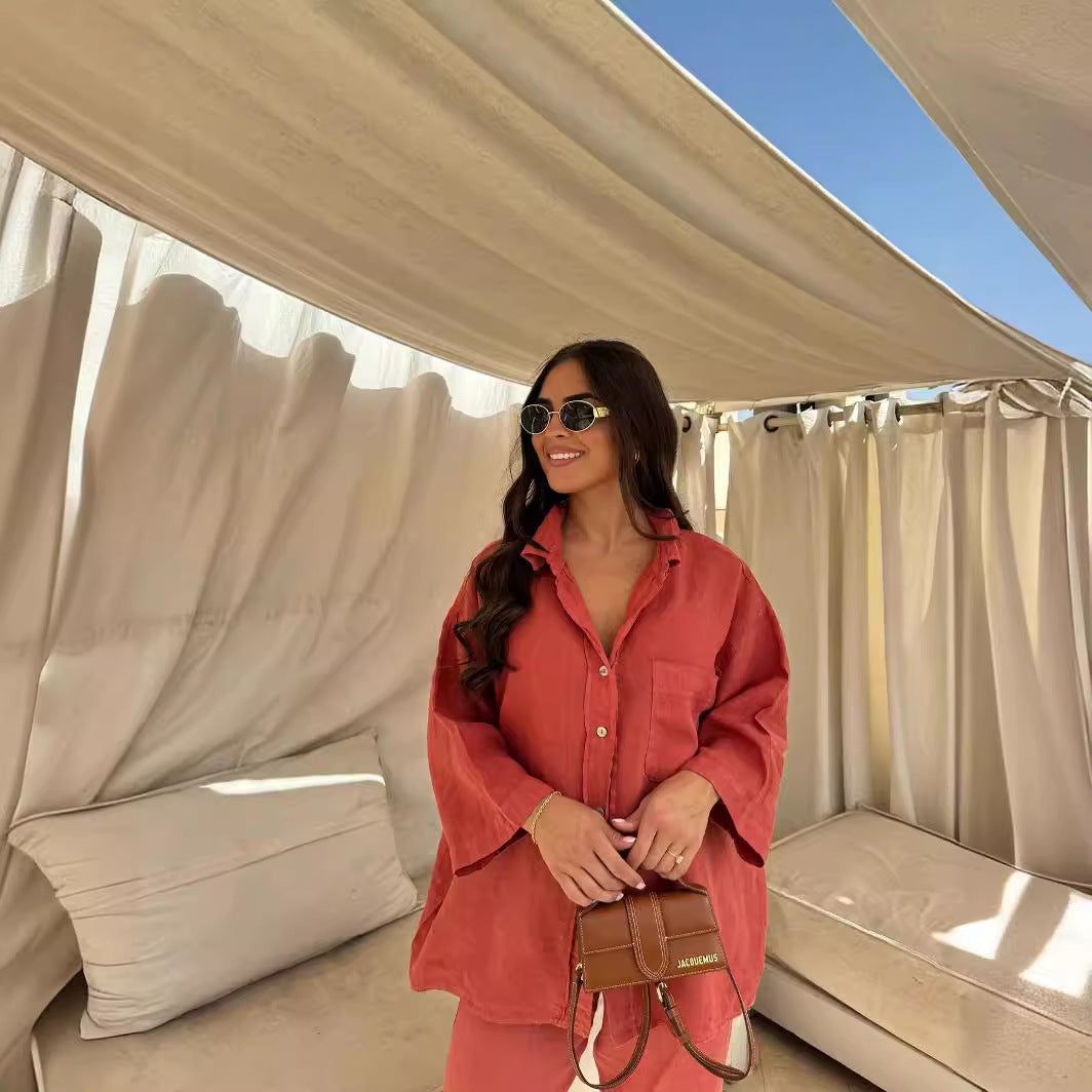 Casual Polyester Pocket Shirt Pants Suitable For Women's Wide Leg Pants, Long Sleeved Shirt Set, Women's Loose High Street Two-piece Set - MANDOTOS