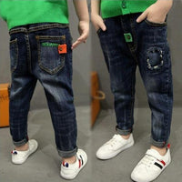 Children's boys' denim trousers by Ancient Energy, casual blue denim pants with front pockets and adjustable waistband.