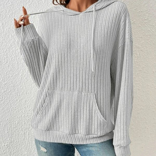 Fashion Drawstring Long-sleeved Hooded Sweatshirt With Pockets Solid Sunken Stripe Hoodie Knitwear Womens Clothing - MANDOTOS