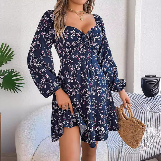 Fashion Floral Print Lantern Sleeve Dress Casual Sexy Tie Square Neck Long Sleeve A-Line Dress Women's Clothing - MANDOTOS