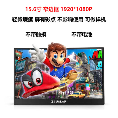 ZEUS 16'' 2.5K Ultra-Smooth Portable Gaming Monitor with Mario gameplay on screen and ZEUSLAB bezel logo