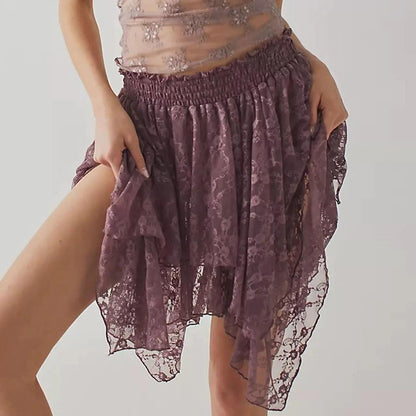 Y2K Floral Lace Mini Skirt - Grey Purple - MANDOTOS