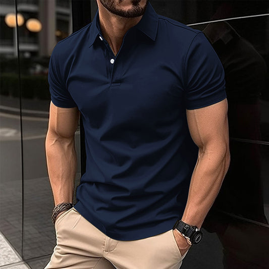 Summer Short Sleeve Polo Shirt Men Solid Color Button Lapel Button Top - MANDOTOS