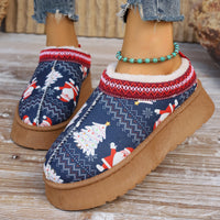 Women's Cartoon Christmas Print Ankle Boots Casual Slip On Plush Lined Home Shoes Comfortable Winter Short Boots - MANDOTOS