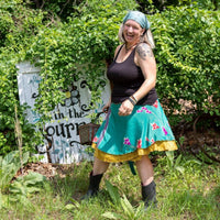 Darn Good Yarn The Original Sari Wrap Skirt in vibrant fabric, showcasing its colorful, flowing design and traditional wrap style.