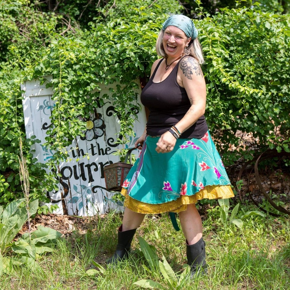 Darn Good Yarn The Original Sari Wrap Skirt in vibrant fabric, showcasing its colorful, flowing design and traditional wrap style.