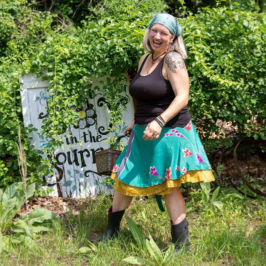 Darn Good Yarn The Original Sari Wrap Skirt in vibrant fabric, showcasing its colorful, flowing design and traditional wrap style.