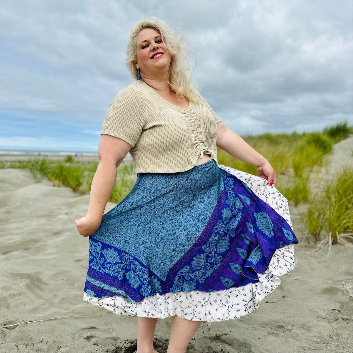 Colorful sari wrap skirt by Darn Good Yarn, flowing fabric, stylish traditional Indian-inspired clothing and accessories.