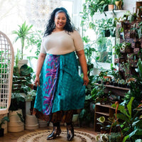 Colorful sari wrap skirt by Darn Good Yarn, featuring vibrant fabric and traditional wrapping style for a boho-chic look.