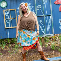 Colorful sari wrap skirt by Darn Good Yarn, featuring vibrant fabric and a stylish, flowing design for versatile wear.