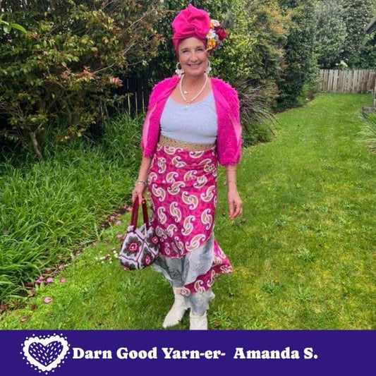 Colorful sari wrap skirt by Darn Good Yarn, featuring vibrant fabric and a stylish wrap design for a boho-chic look.