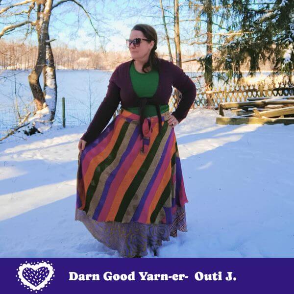 Colorful sari wrap skirt by Darn Good Yarn, featuring vibrant fabric and a stylish, flowing design for versatile boho fashion.