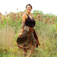 Colorful sari wrap skirt by Darn Good Yarn, featuring vibrant fabric and a stylish, versatile design for boho-inspired fashion.
