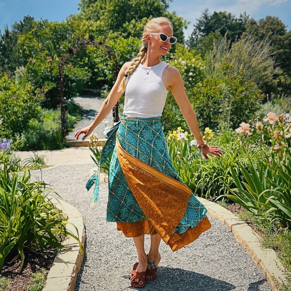 Colorful sari wrap skirt by Darn Good Yarn, showcasing vibrant fabric and traditional wrap design for stylish, eco-friendly clothing.