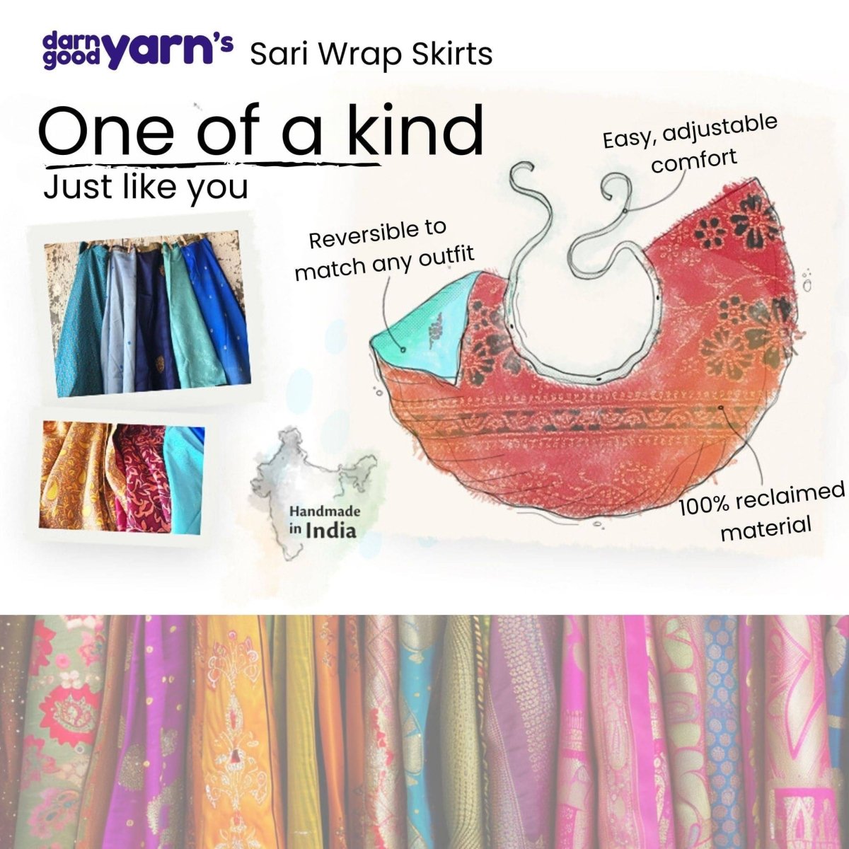 Darn Good Yarn Original Sari Wrap Skirt made from colorful sari fabric with a flowing, bohemian style.