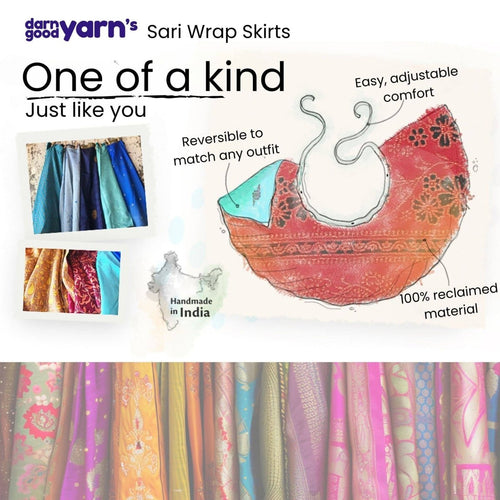Darn Good Yarn Original Sari Wrap Skirt made from colorful sari fabric with a flowing, bohemian style.