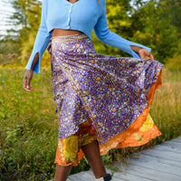Colorful sari wrap skirt by Darn Good Yarn, featuring vibrant fabric and a versatile design in a clothing and accessories style.
