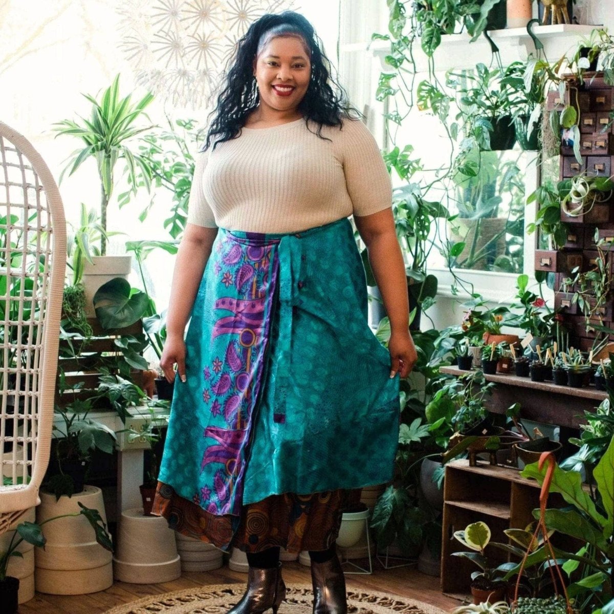 Colorful sari wrap skirt by Darn Good Yarn, showcasing vibrant fabric and traditional design in a stylish clothing accessory.