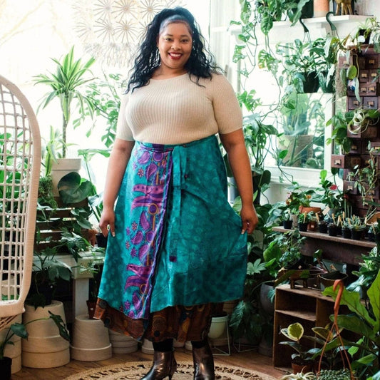 Colorful sari wrap skirt by Darn Good Yarn, showcasing vibrant fabric and traditional design in a stylish clothing accessory.