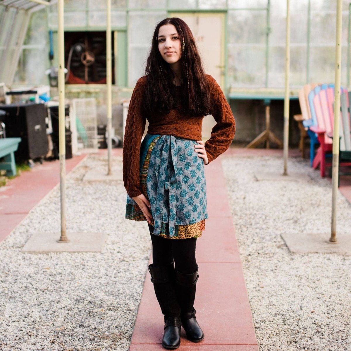 Darn Good Yarn The Original Sari Wrap Skirt in vibrant fabric, showcasing its flowing, colorful design and traditional wrap style.