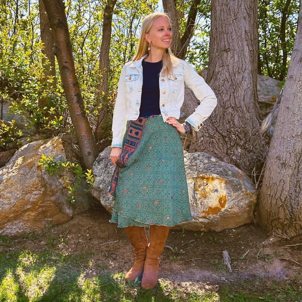 Colorful sari wrap skirt by Darn Good Yarn featuring vibrant fabric, wrapped style, and bohemian design.