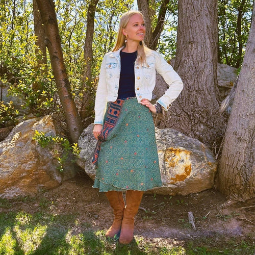 Colorful sari wrap skirt by Darn Good Yarn featuring vibrant fabric, wrapped style, and bohemian design.