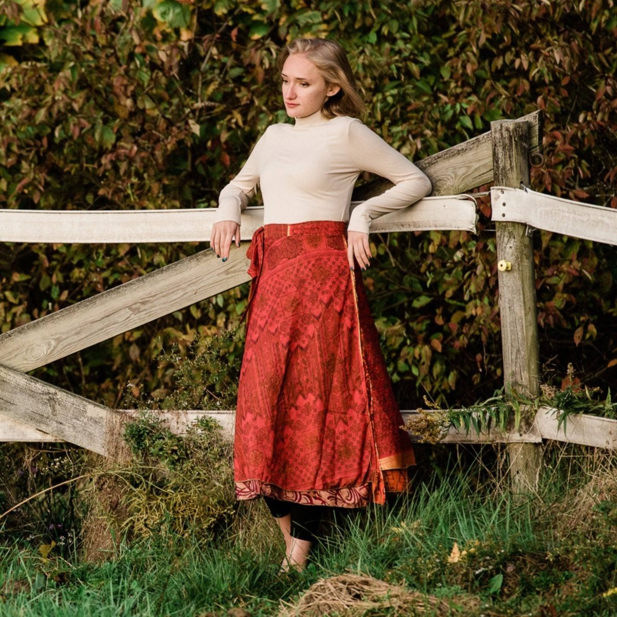 Darn Good Yarn The Original Sari Wrap Skirt featuring vibrant, colorful sari fabric with a flowing, wrap-around design.