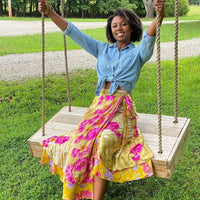 Colorful sari wrap skirt by Darn Good Yarn featuring vibrant fabric and a stylish, versatile design for bohemian fashion.