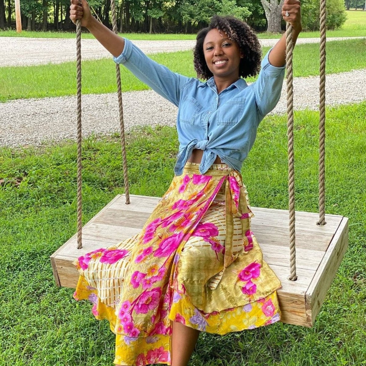 Colorful sari wrap skirt by Darn Good Yarn featuring vibrant fabric and a stylish, versatile design for bohemian fashion.