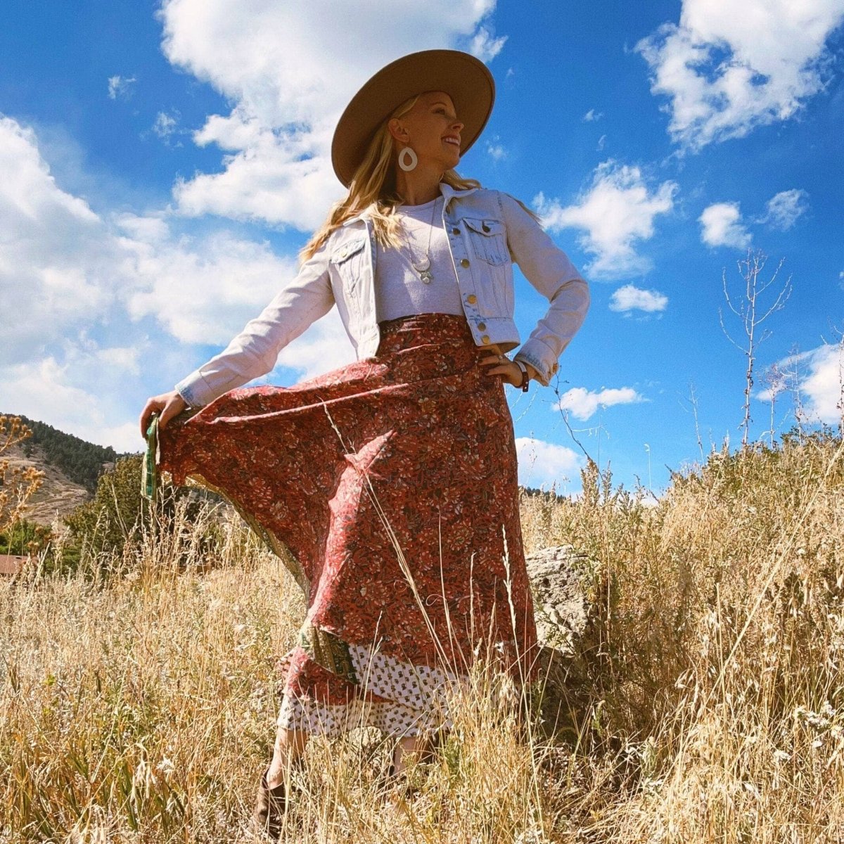 Colorful sari wrap skirt by Darn Good Yarn, featuring vibrant fabric and traditional wrap design, perfect for casual or bohemian style.