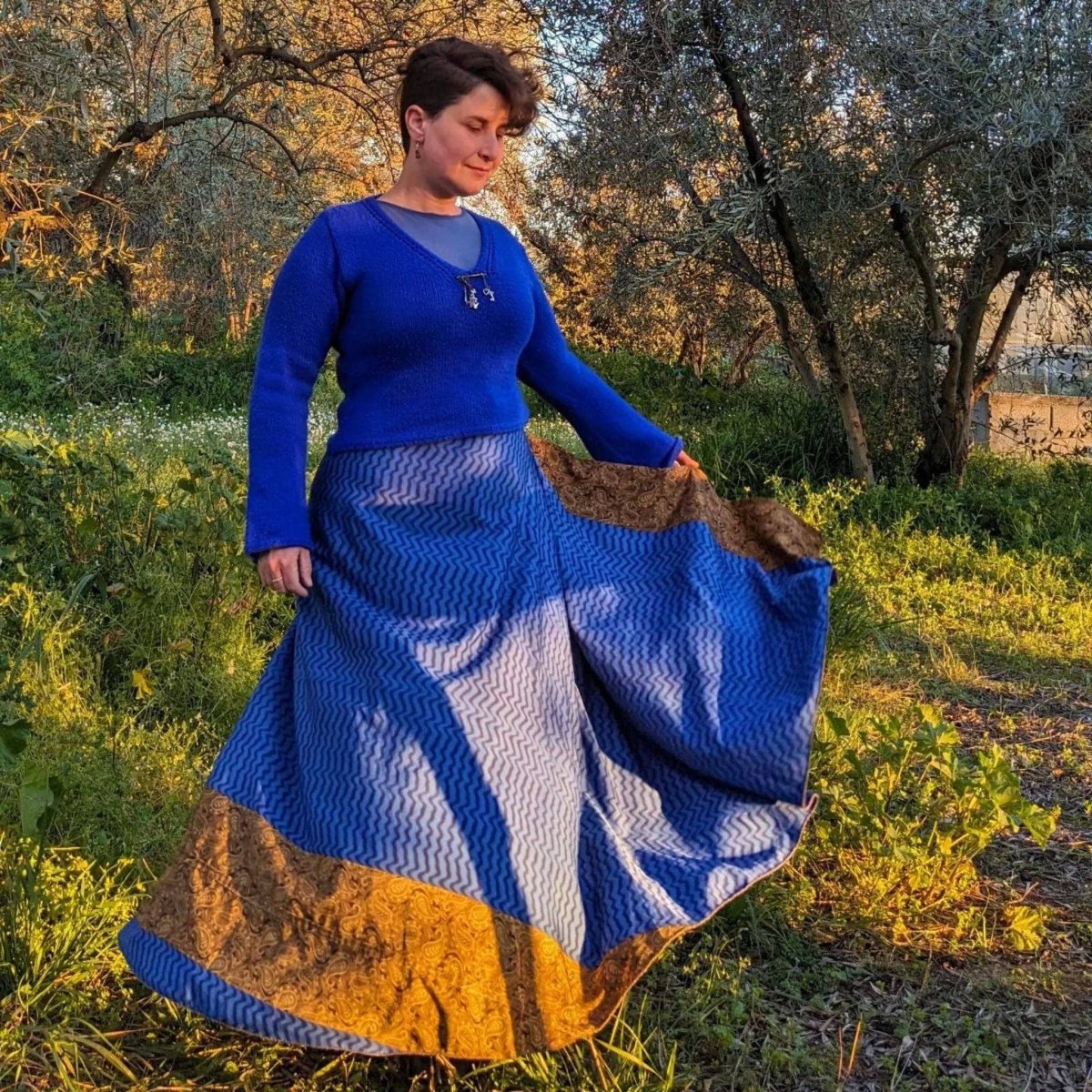 Darn Good Yarn The Original Sari Wrap Skirt featuring vibrant, colorful sari fabric and a stylish wrap design.