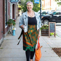 Colorful sari wrap skirt by Darn Good Yarn, featuring vibrant fabric and a stylish wrap design for bohemian fashion.