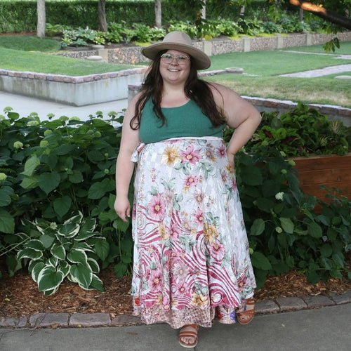 Colorful sari wrap skirt from Darn Good Yarn, showcasing vibrant fabric and traditional design in a flowing, stylish garment.